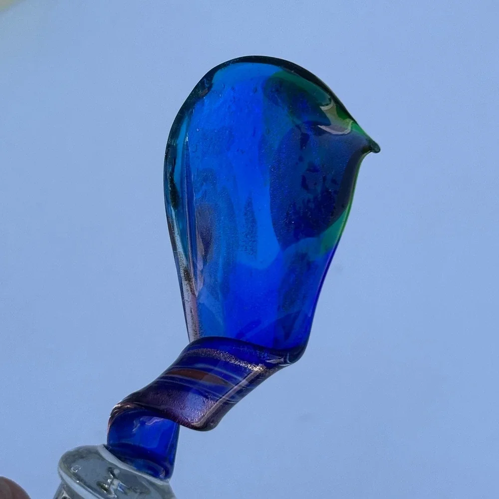 Murano Style Art Glass Bird Floral Speckle Wine Bottle Stopper Blue with Box